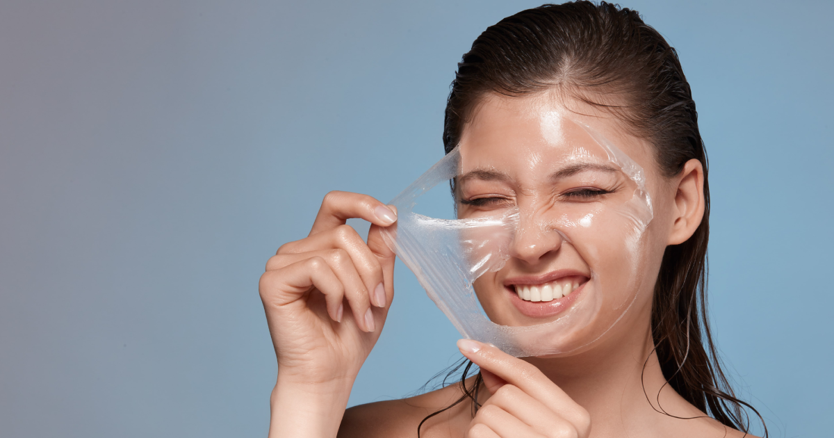 Young woman joyfully peeling VI Peel mask off her soft smooth face in Tampa, FL