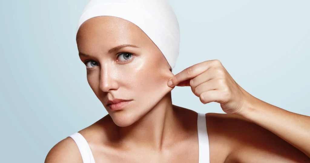 A woman wearing a white head covering gently pinching the skin on her cheek to show sagging or loss of firmness for a Morpheus8 Treatment in Wesley Chapel.